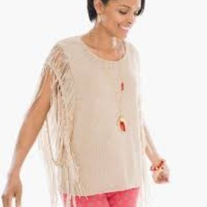 CHICO'S Tarrin Cream Knit Fringe Poncho Top